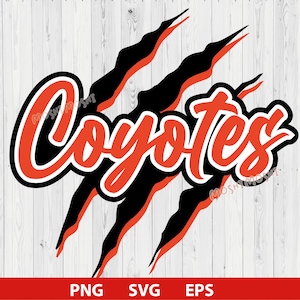 May include: Black and orange graphic design of a claw mark with the word "Coyotes" in a bold, orange font.