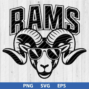 May include: Black and white silhouette of a ram's head wearing sunglasses with the word "RAMS" above it.