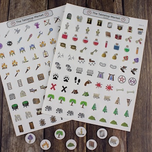 Pegatinas de escenografía para D&D, 2 páginas / 160 pegatinas / Fichas para D&D / Regalo para Dungeon Master / Accesorios para D&D