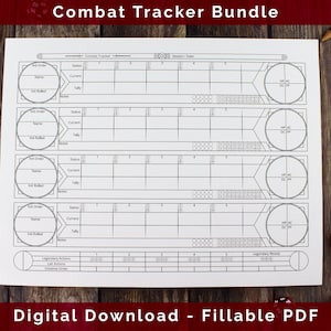Op de afbeelding: Een witte, invulbare PDF-sheet met de titel "Combat Tracker Bundle" met secties voor het bijhouden van spelstatistieken. De sheet bevat ruimtes voor initiatiefvolgorde, naam, status en notities. De tekst "Digital Download - Fillable PDF" staat onderaan.