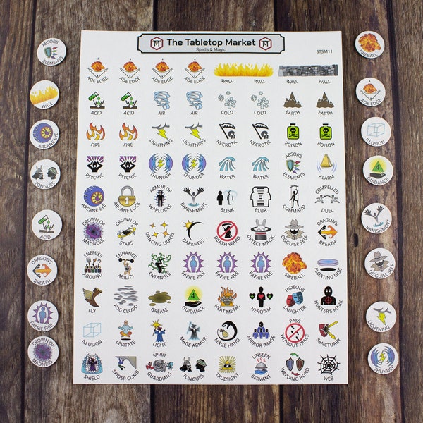 DND Spells & Magic Sticker Tokens, 80 Stickers | DND Tokens | Dungeon Master Gift | DND Accessories