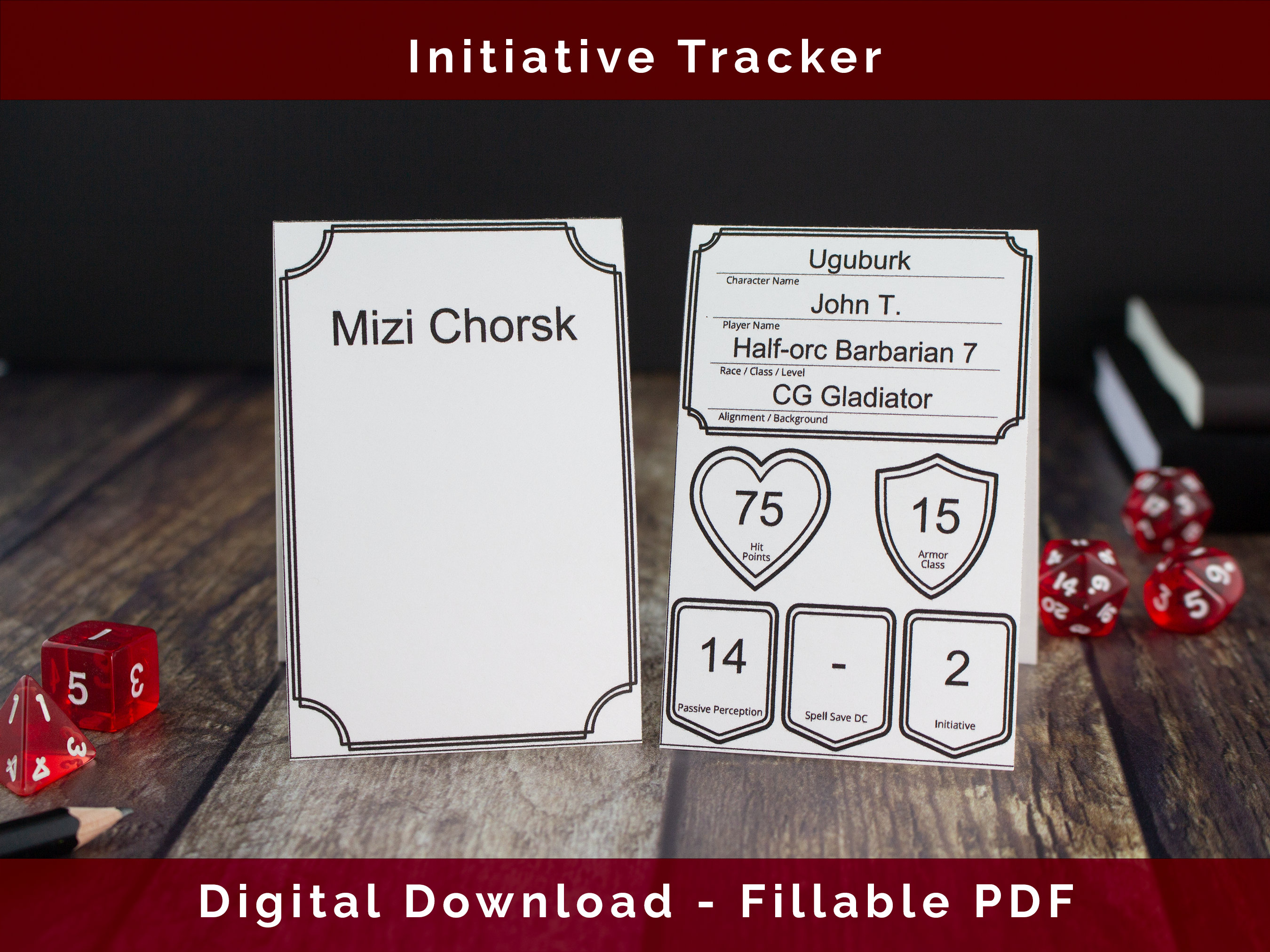 Minimalist DND Initiative Tracker Fillable PDF for DM Screen Tent Cards, Character Sheet Cards D