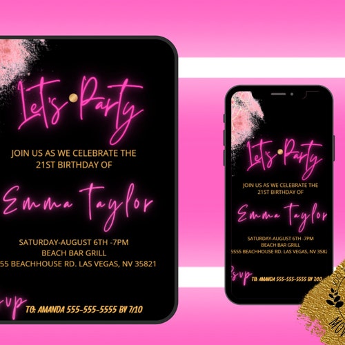 Neon Light Birthday Invitation Editable Template Adult Bday - Etsy