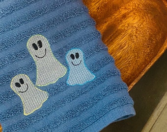 Spooky Trio: Embroidered Three Ghosts on Blue Dish Towel, Halloween Colors