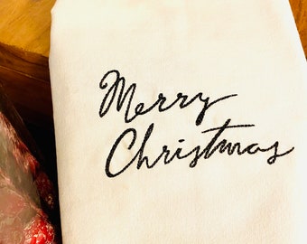 Elegant White Dishtowel with Delicate Handwritten Merry Christmas Embroidery - Holiday Gift Idea