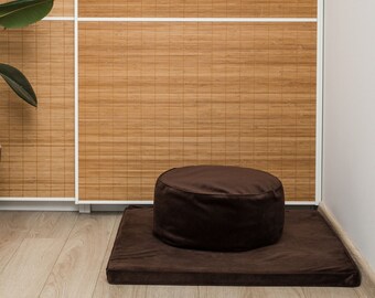 Meditation Set Cushion & Mat Brown Luxury Velvet Round Pouf Mat Organic Buckwheat Hulls, Floor Cushion