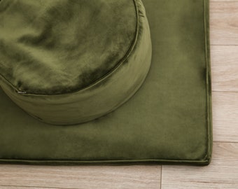 Meditation Zabuton Mat Green Moss Soft Luxury Velvet, Relaxing Dark Futon Most Comfortable Handmade Fancy Gift Idea Interior