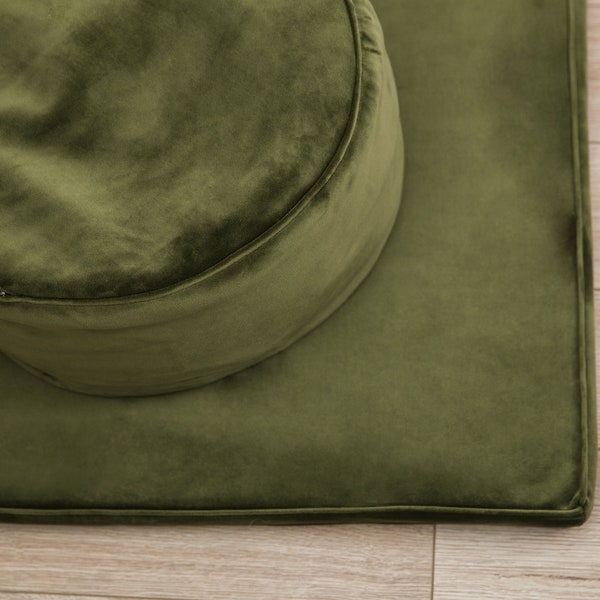 Meditation Zabuton Mat Green Moss Soft Luxury Velvet, Relaxing Dark Futon Most Comfortable Handmade Fancy Gift Idea Interior