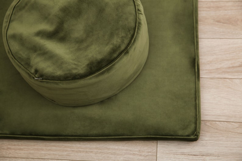 Meditation Zabuton Mat Green Moss Soft Luxury Velvet, Relaxing Dark Futon Most Comfortable Handmade Fancy Gift Idea Interior Green Serene