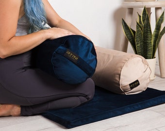 Blue Yoga Bolster Indgo Meditation Pillow Premium Velvet Buckwheat fill Long Floor Cushion Multipurpose