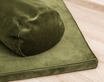 Yoga Bolster Green Dark Moss Luxury Velvet Buckwheat Hulls Organic long Floor Pillow Meditation practice