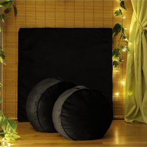 Meditation Set Zafu Round floor cushion black Velvet Yoga bolster and Mat