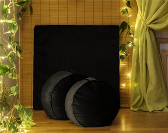 Black Meditation Cushion Set Zafu & Zabuton Luxury Velvet Round Floor Pouf Soft Mat Organic Buckwheat Hulls Fill