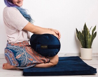 Premium Meditation Set Zafu & Zabuton Blue Velvet Round Pouf Yoga Bolster Cushion Organic Buckwheat Husk filling