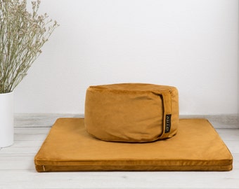 Meditation Zafu & Zabuton Set Luxury Velvet Yellow Round Floor Pillow Pouf and Futon Organic Buckwheat Hulls Fill