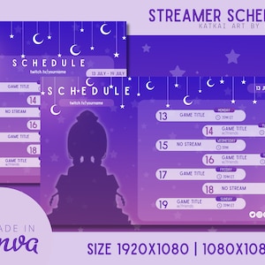 Cronograma de transmissão Purple Stars | Cronograma Vtuber | Cronograma semanal simples para streamers | Cores roxas pastel fofas | Arquivo Canva incluído