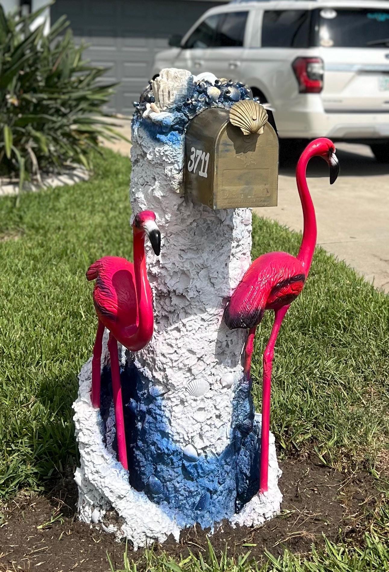 Hand Crafted PINK FLAMINGO Custom Mailbox Statue – Unique Coastal Yard Art for a Coastal Home or Beach House