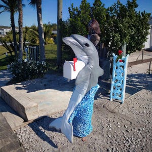 Blue Standing Dolphin Mailbox Sculpture - Unique and Nautical Custom Mailbox for Beach and Coastal Home -  By Seasidemailbox.com