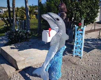 Blue Standing Dolphin Mailbox Sculpture - Unique and Nautical Custom Mailbox for Beach and Coastal Home -  By Seasidemailbox.com