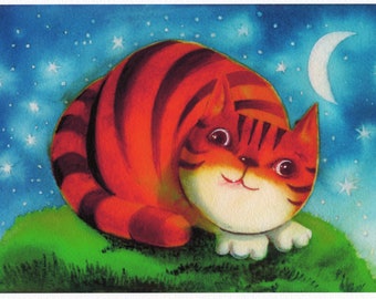 Moon Cat. A4 Giclee art print. Wall art, Animal art, Cat, Children's illustration, watercolour illustration.