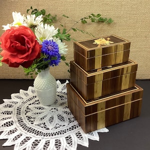 Vintage Bamboo Trinket Box Set: Rustic Floral Decor, Set of 3