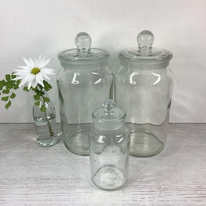 May include: Three clear glass apothecary jars with glass lids of different sizes. A small glass vase with a white daisy and green foliage is to the left of the jars. The jars are on a light-coloured wooden surface.