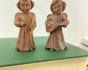 Vintage Hand Carved Wood Angels Figurines Anri Italy Christmas Miniature Ornaments German Wooden Angel Figurine