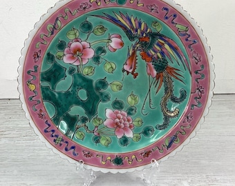 Nyonya Peranakan Turquoise Porcelain Plate: Handpainted Phoenix Design, Oriental Home Decor