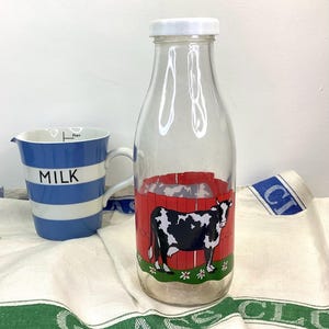 Vintage French Milk Bottle Le Parfait Farmhouse Cow Milk Glass Bottle Country Farmhouse Decor Black White Cow Vintage Kitchenware