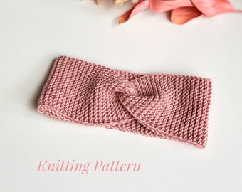 May include: A knitted headband in a dusty rose color. The headband features a twisted knot design and is made of a textured knit fabric. The words "Knitting Pattern" are printed in a light pink script below the headband.