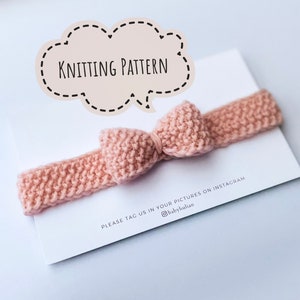 May include: A pink knitted headband with a bow. The headband is on a white card with the text "Knitting Pattern" and "Please tag us in your pictures on Instagram @babyhulian".