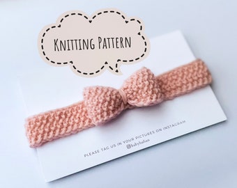 May include: A pink knitted headband with a bow. The headband is on a white card with the text "Knitting Pattern" and "Please tag us in your pictures on Instagram @babyhulian".