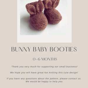 May include: A pair of brown knitted baby booties shaped like bunnies, with ear details. The text "BUNNY BABY BOOTIES 0-6 MONTHS" is displayed. The image is a product listing for baby items.