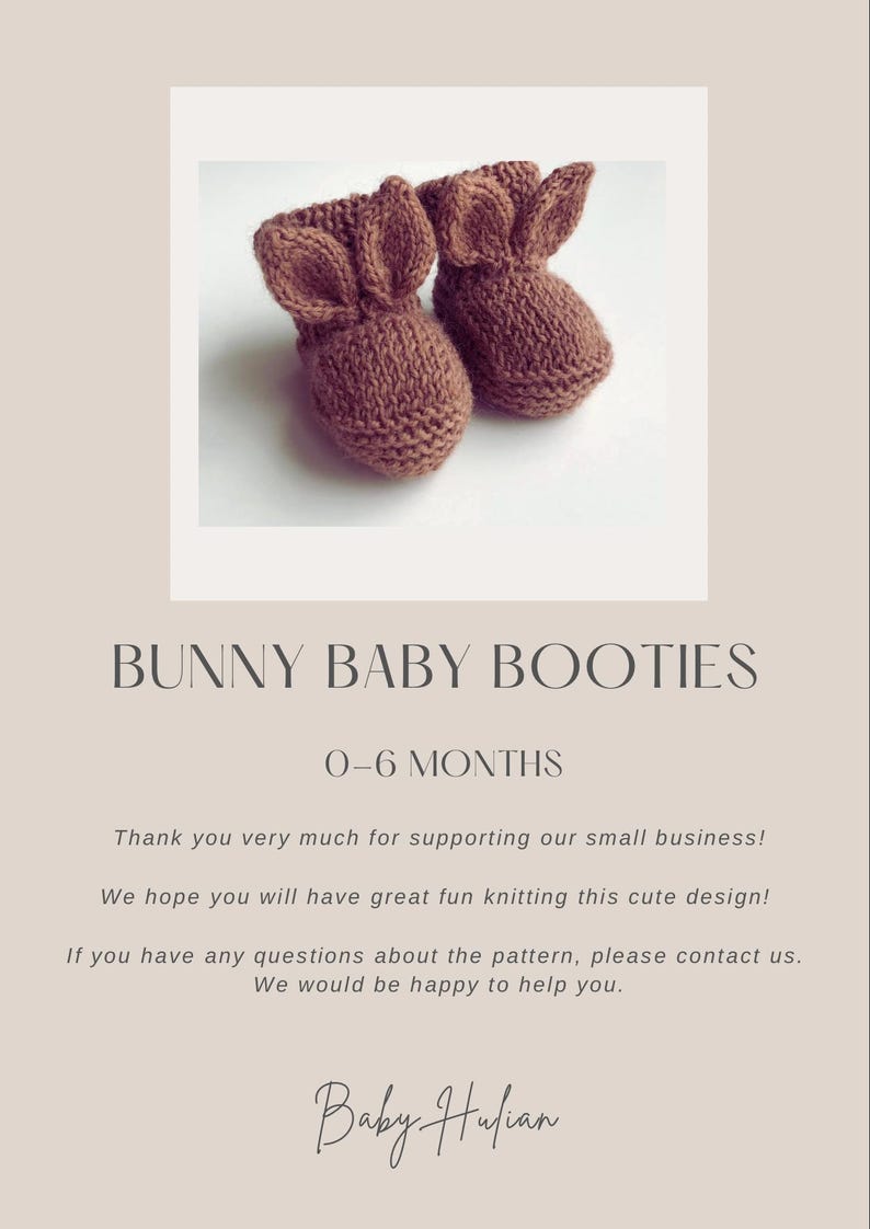 May include: A pair of brown knitted baby booties shaped like bunnies, with ear details. The text "BUNNY BABY BOOTIES 0-6 MONTHS" is displayed. The image is a product listing for baby items.