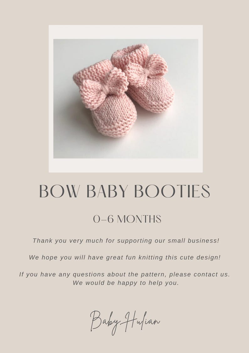 May include: A pair of light pink knitted baby booties with bow accents. The image also includes the text "BOW BABY BOOTIES" and "0-6 MONTHS".