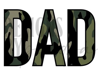 Op de afbeelding: Het woord "DAD" in zwarte letters met een camouflagepatroon in tinten groen en bruin.