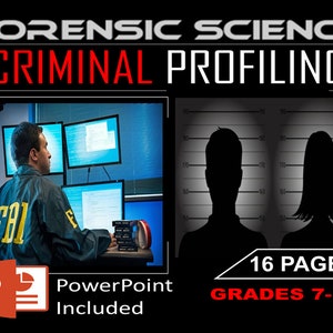 Puede incluir: Una presentación de PowerPoint sobre ciencia forense y perfilación criminal. La presentación incluye 16 páginas y está diseñada para los grados 7-12. La imagen de portada presenta una silueta de un hombre y una mujer en una alineación policial, junto con una pantalla de computadora que muestra una investigación de la escena del crimen.