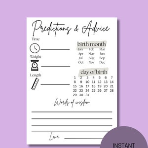 Juego imprimible de predicciones y consejos para baby shower. Actividad minimalista para baby shower. Tarjeta en blanco y negro. Descarga instantánea en PDF.