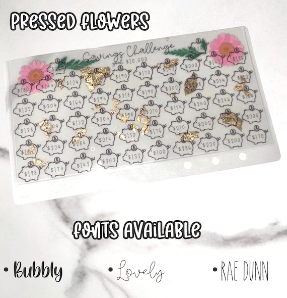 52 Week Savings Challenge  | 1k 5k 10k | Custom Amount |  Pressed Flower Envelope | Foil Flakes | Clear Laminated Envelope
