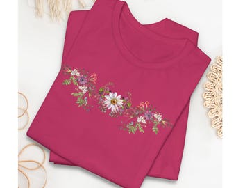 Camisa floral con margaritas, diseño artístico personalizado, camiseta botánica y de margaritas para su cumpleaños, ropa para festivales de flores, camiseta semielegante con flores silvestres.