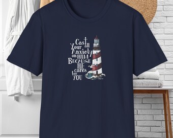 Camiseta con versículo bíblico cristiano, camiseta de iglesia, camiseta con escritura de fe, 1 Pedro 5:7 Él se preocupa por ti, camiseta antiansiedad, camiseta Lighthouse