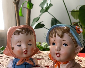 Head Vase, Vintage Napcoware Child Boy & Girl Planter, Set of 2