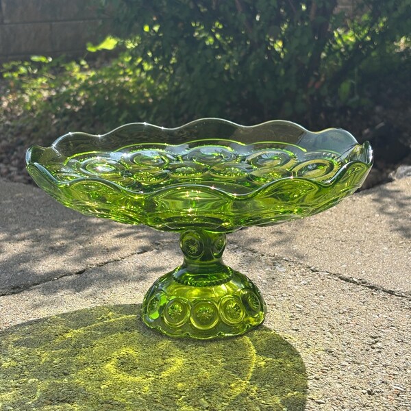 Mond und Sterne, Olivgrün, Vintage-Pressglas, Tortenständer