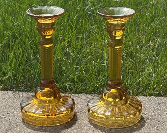 Vintage Pressed Glass, Candlestick Holders, Set of 2 Amber Coloured Glass Dining Table Centrepieces