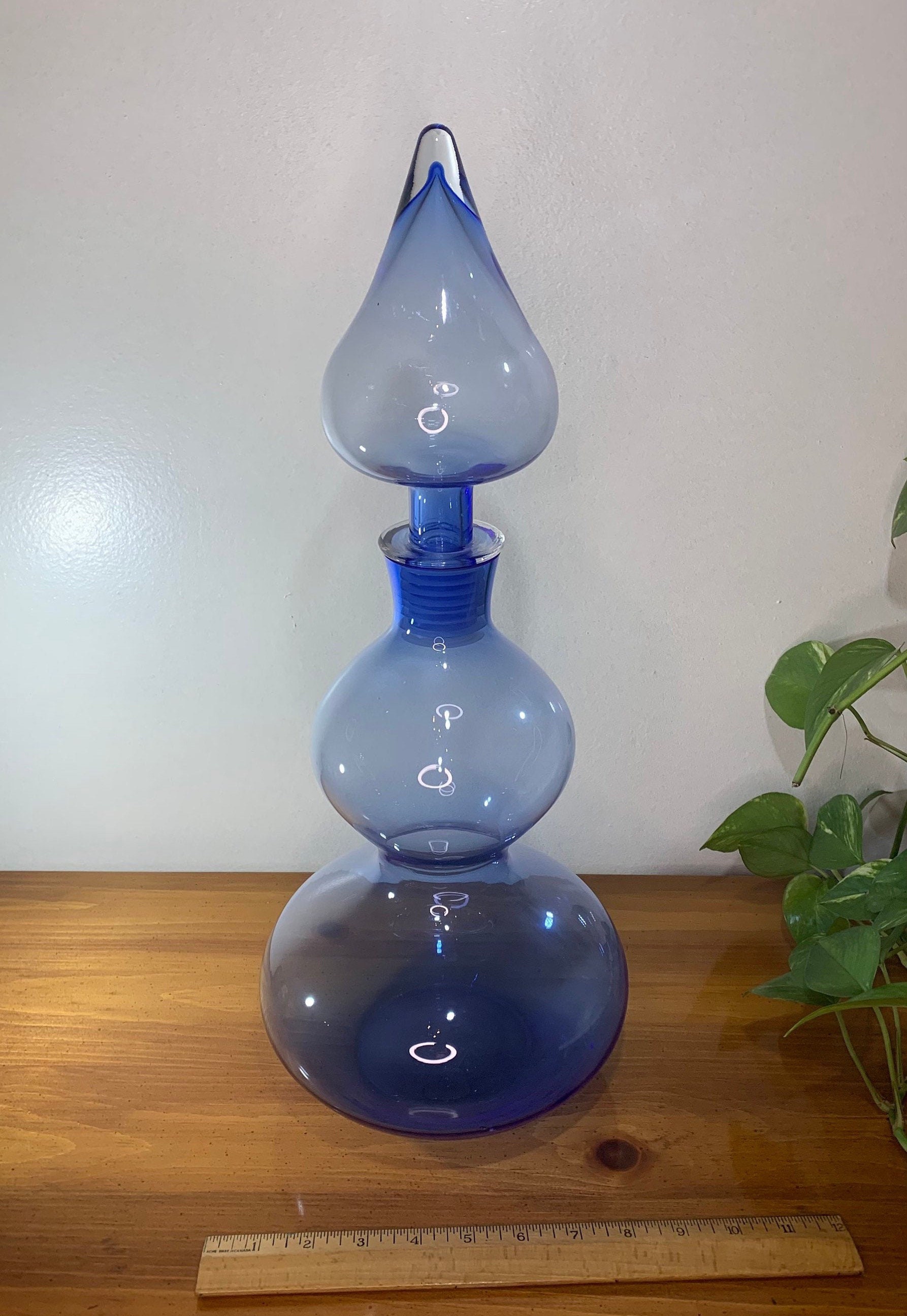 Genie Bottle Decanter Teardrop Stopper Blue Art Glass Etsy