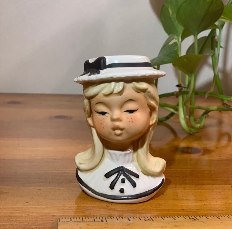 Lady Head Vase Vintage Ceramic Girl With Hat Mini Head Vase Etsy