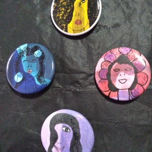 Button Pins, (2) Artwork Button Pins, Girl Buttons Pins, Cute Button Pins, Fun Button Pins, Small Button Pins, Lady Button Pins, Funny Pins.