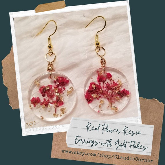 gold flakes Clear resin earrings with orange flower confetti
