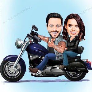 Dibujos animados imprimibles Motociclista Retrato de pareja, Custom Anniversary Caricature Gift ideas, Digital Download Motorbiker Birthday Gift Him Her
