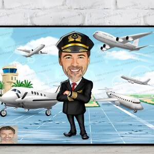 Pilot Gift, Caricature Pilot Portrait, Aviation Gift idea Men, Pilots Day Gift, Pilot Birthday Gift, Pilot Retirement Gift, Captain Pilot